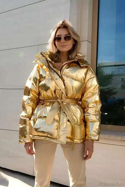 Cotton Padded Metallic Color Belt Pocket Coat