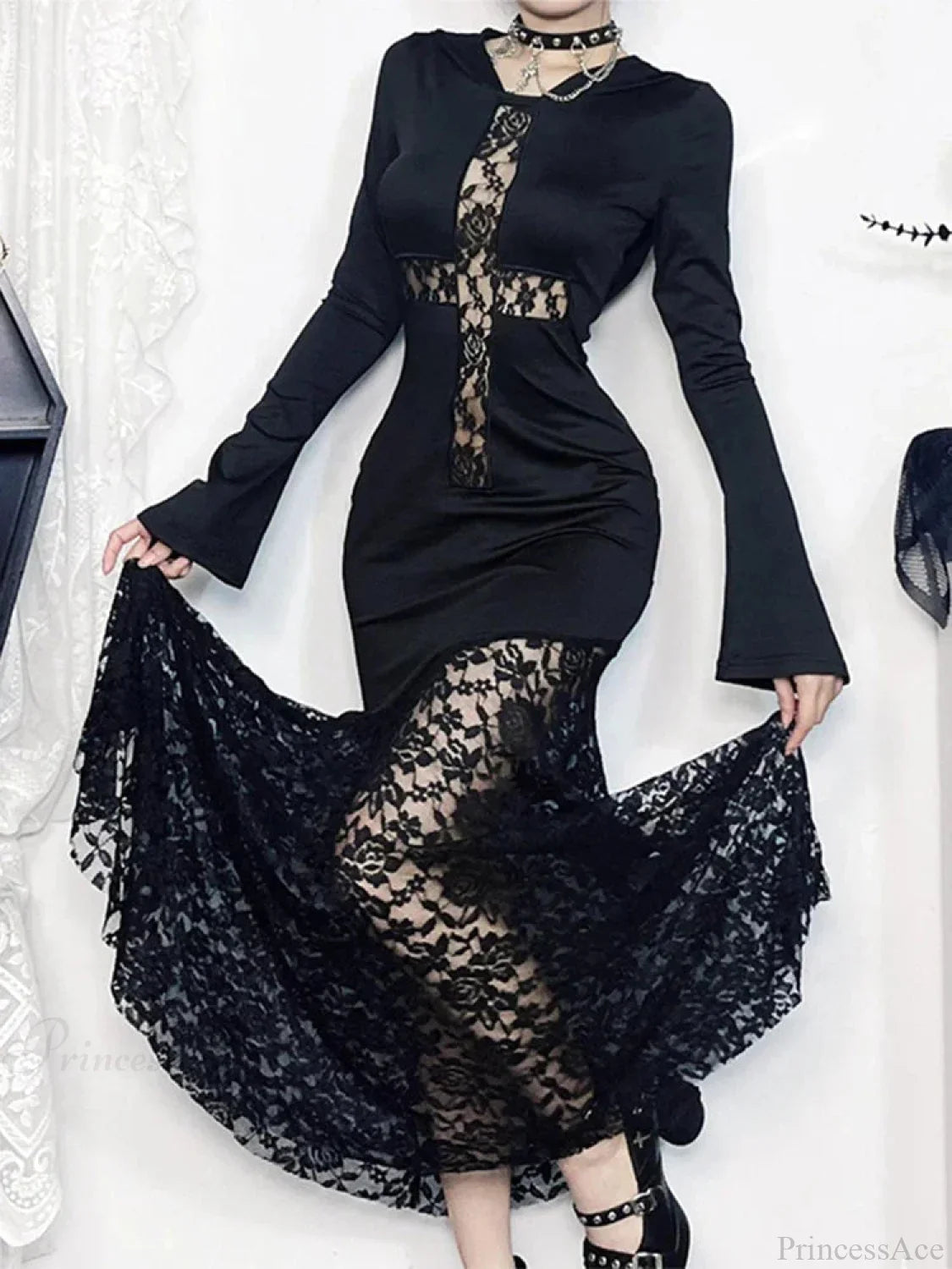 Covered Lace Cross Hollow Full-Length Dress