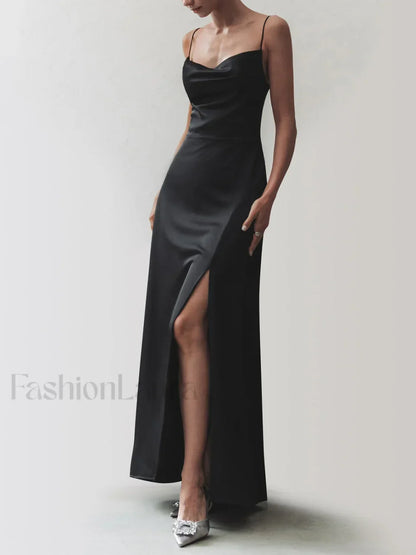 Cowl Neck Satin Trendy Slit Long Dress