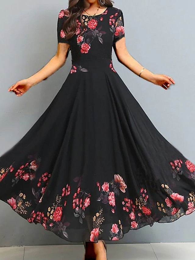 A Line Dress Maxi long Dress Black Short Sleeve Floral Ruched Print Spring Summer Crew Neck Elegant Vacation  3XL for Women