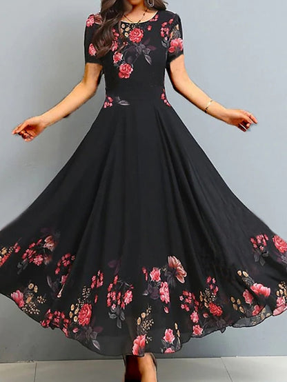 A Line Dress Maxi long Dress Black Short Sleeve Floral Ruched Print Spring Summer Crew Neck Elegant Vacation  3XL for Women