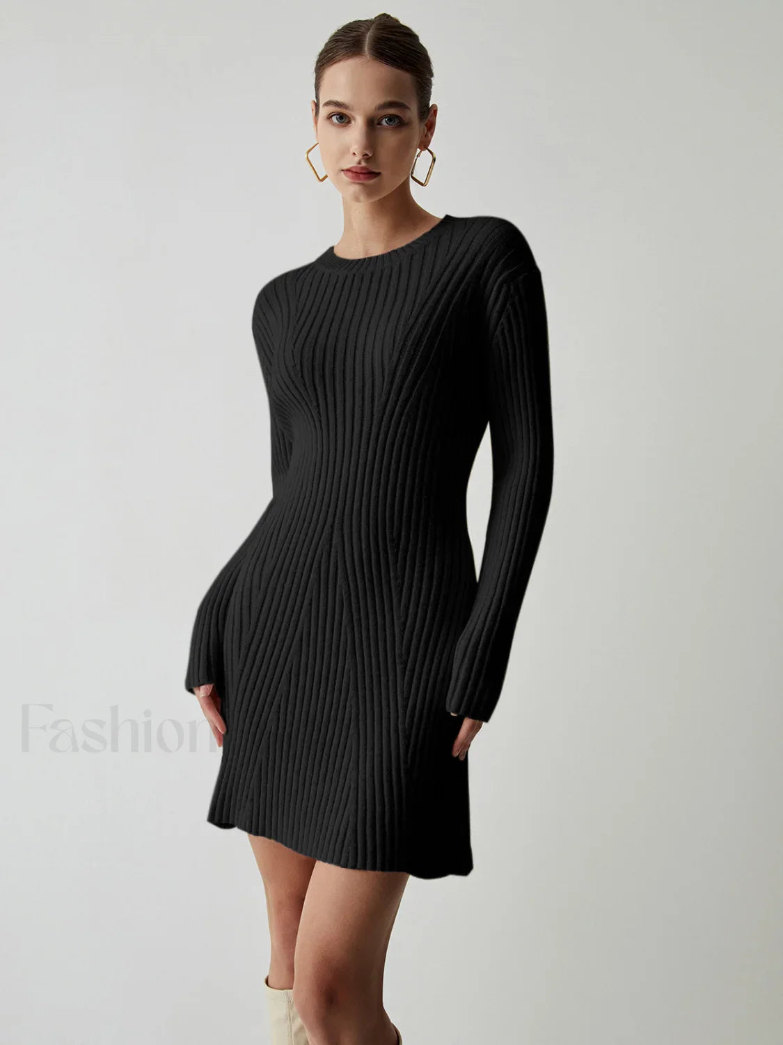 Cream Rib Long Trendy Sleeve Short Sweater Dress