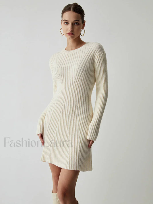 Cream Rib Long Trendy Sleeve Short Sweater Dress