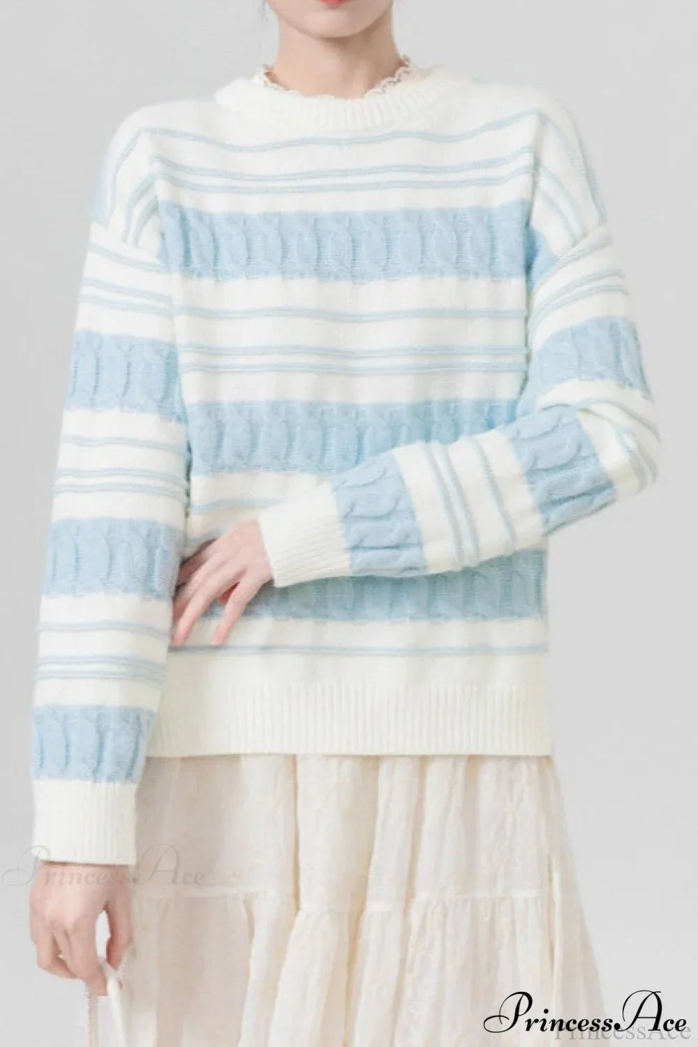 Creamy Stripe Cable-Knit Loose Sweater