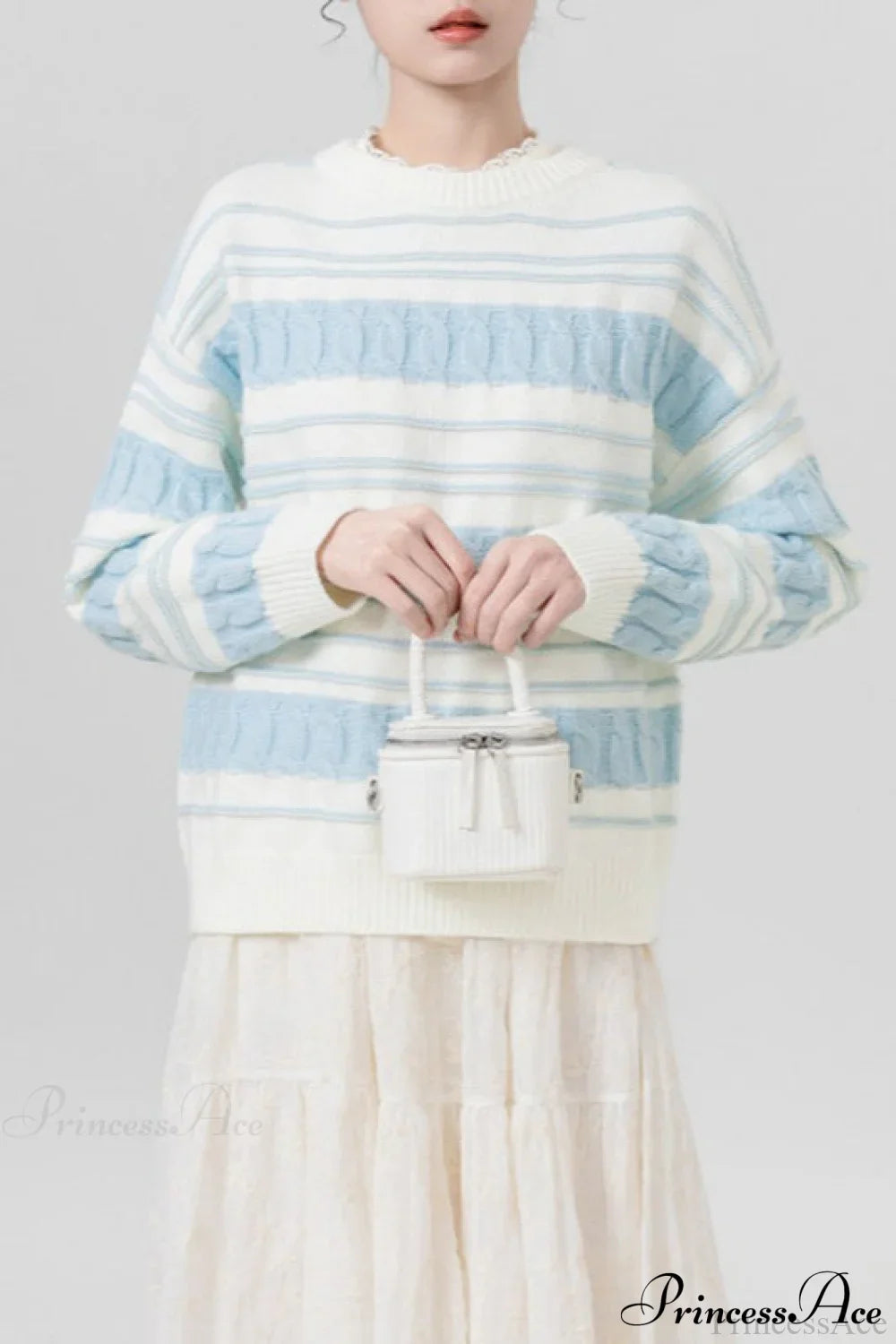 Creamy Stripe Cable-Knit Loose Sweater