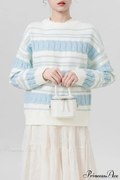 Creamy Stripe Cable-Knit Loose Sweater