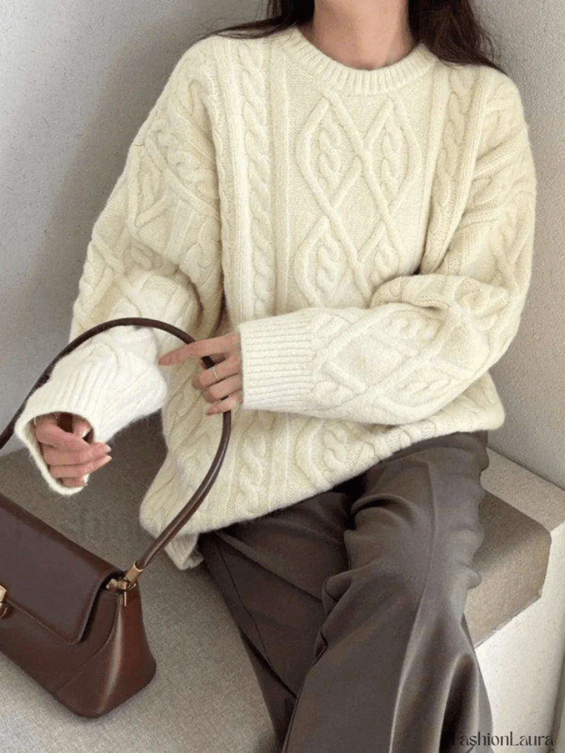 Crew Neck Cable Knit Pullover Sweater