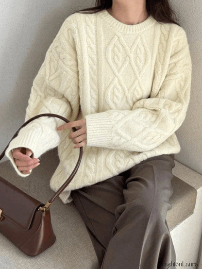 Crew Neck Cable Knit Pullover Sweater
