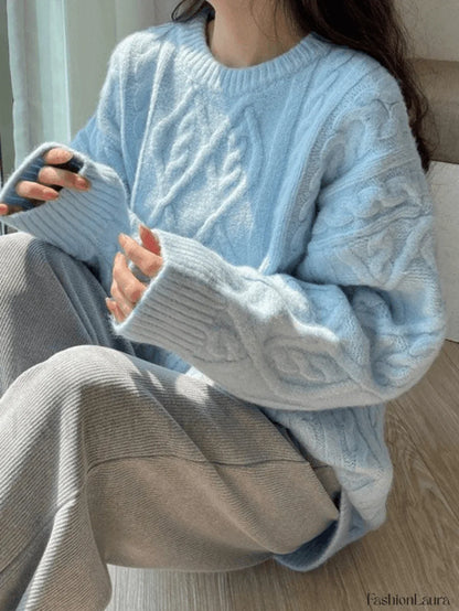 Crew Neck Cable Knit Pullover Sweater