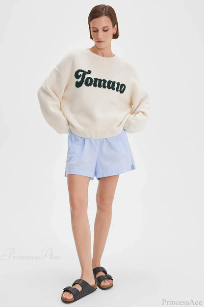 Crew Neck Letter Jacquard Loose Knit Sweater