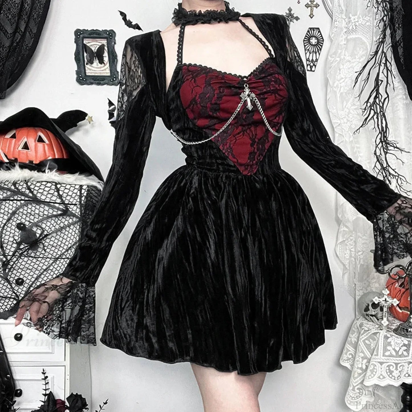 Crimson Lace Velvet Petite Dress