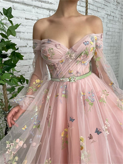 A-Line Prom Dresses Floral Dress Wedding Guest Ankle Length Long Sleeve Off Shoulder Lace with Embroidery Appliques 2023
