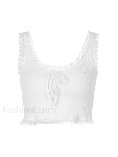 Cropped Lace Trim White Tank Top