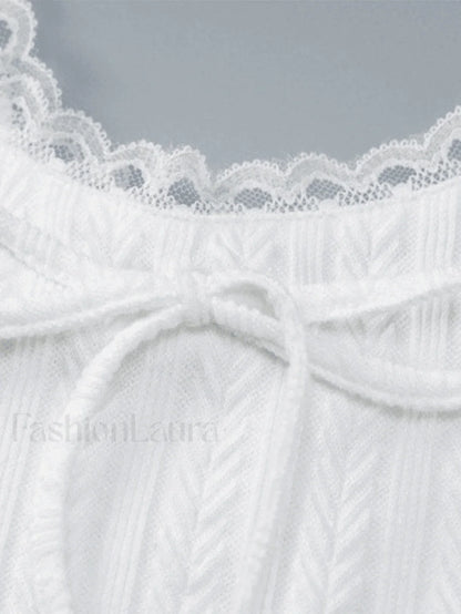Cropped Lace Trim White Tank Top