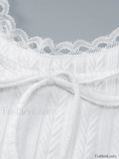 Cropped Lace Trim White Tank Top