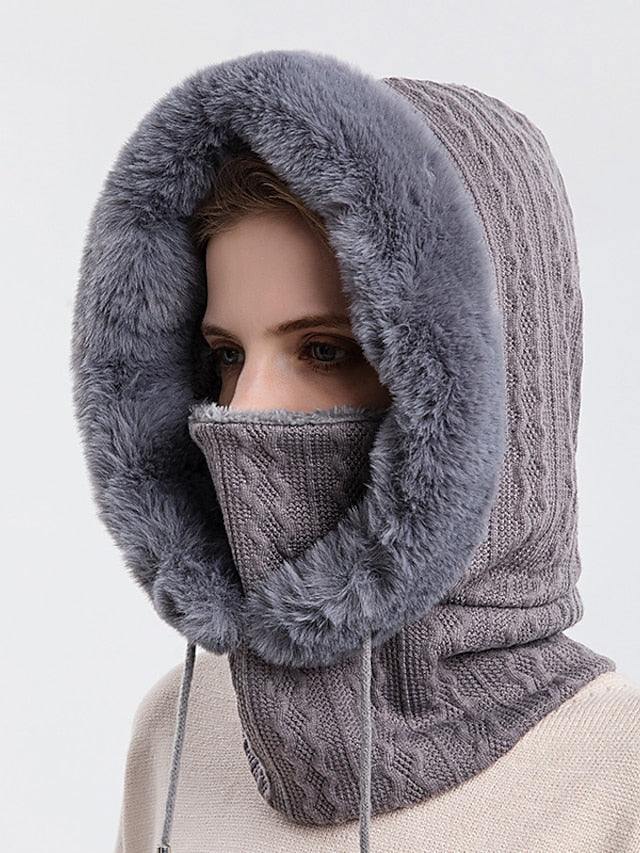 High Quality Winter Fur Cap Mask Set Hooded for Women Knitted Cashmere Neck Warm Outdoor Ski Windproof Hat Thick Plush Fluffy Beanies for Women