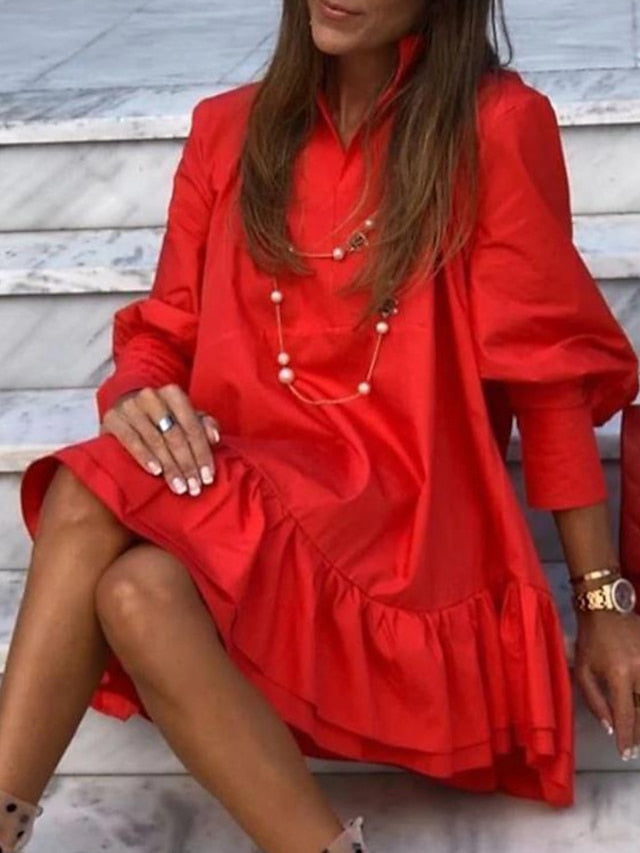 A Line Dress Tiered Dress Mini Dress Black White Red Long Sleeve Pure Color Ruffle Fall V Neck Casual Winter Dress Fall Dress  S M L XL XXL 3XL for Women