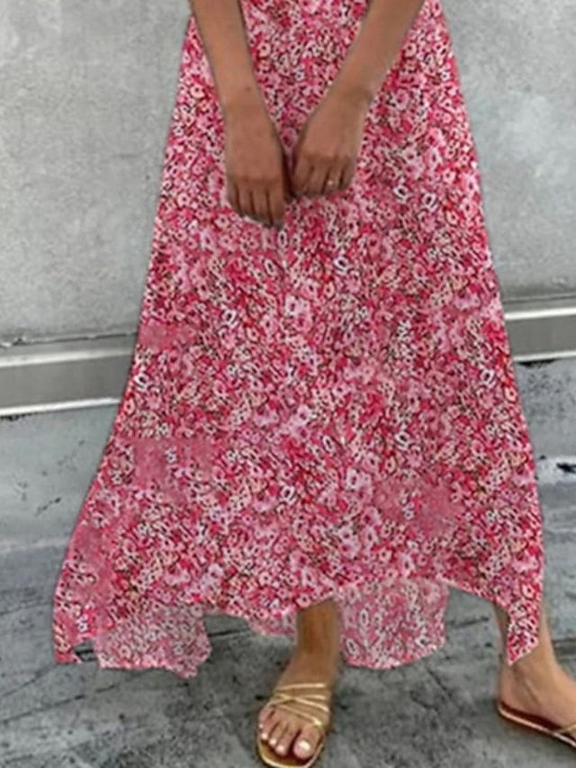 A Line Dress Maxi long Dress Pink Short Sleeve Floral Print Ruched Swing Dress Spring Summer Dress V Neck Romantic Vacation  S-3XL for Women