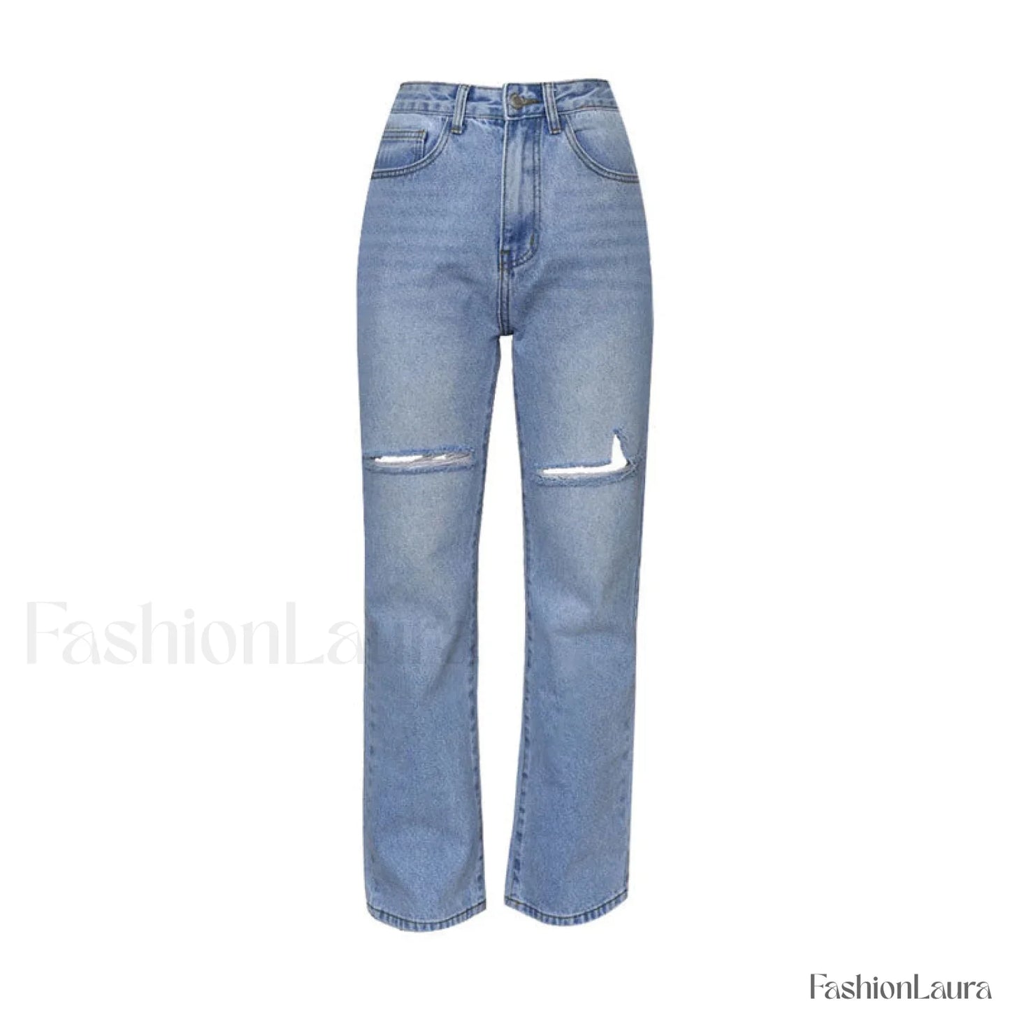 Cut Out High Waist Frayed Straight Leg Jeans - Light Blue