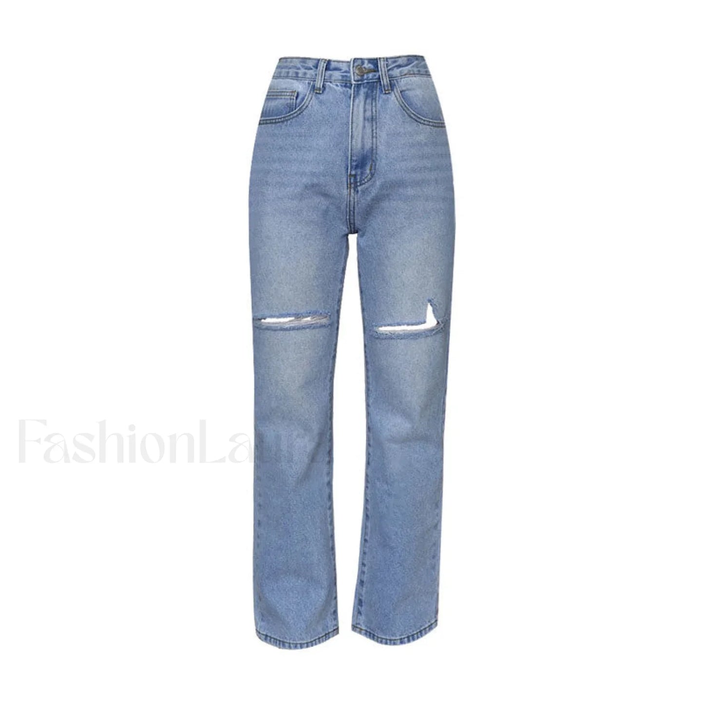 Cut Out High Waist Frayed Straight Leg Jeans - Light Blue