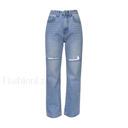 Cut Out High Waist Frayed Straight Leg Jeans - Light Blue