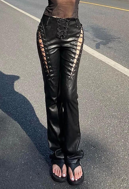 Cut-out Lace Up Pu Pants
