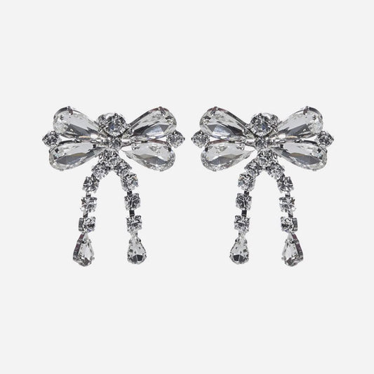 Rhinestone Bow Drop Earrings in Silver