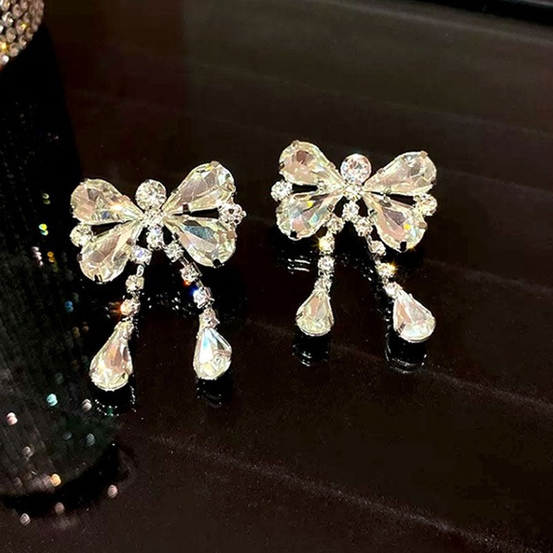 Rhinestone Bow Drop Earrings in Silver