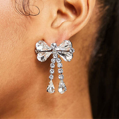 Rhinestone Bow Drop Earrings in Silver