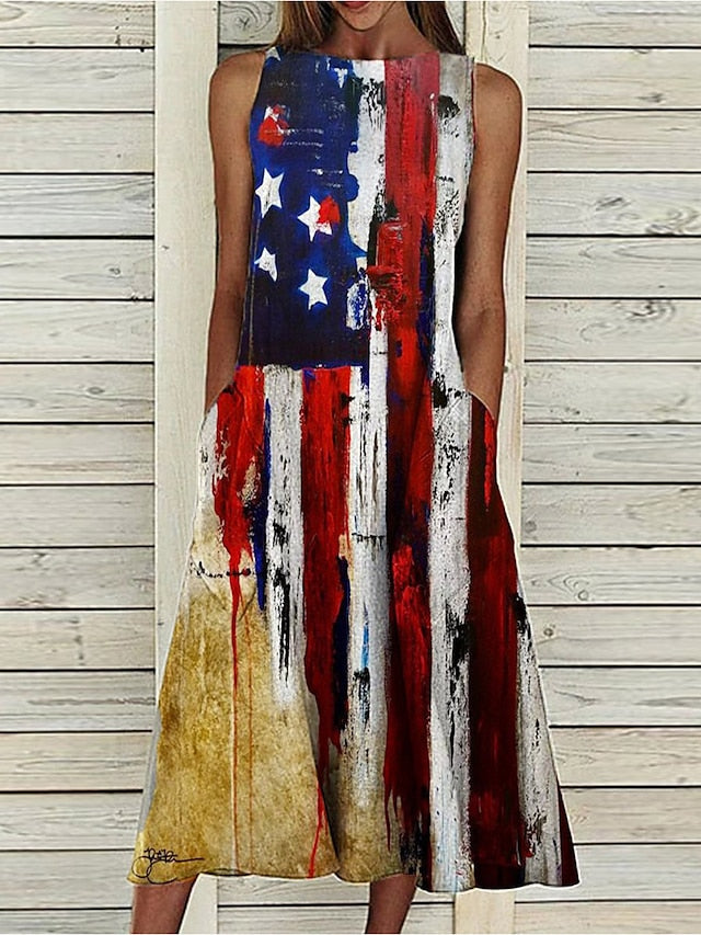 A Line Dress Midi Dress Sleeveless Floral Pocket Cold Shoulder Print Spring Summer Round Neck Casual Vintage Going out  S M L XL XXL Cotton for Women