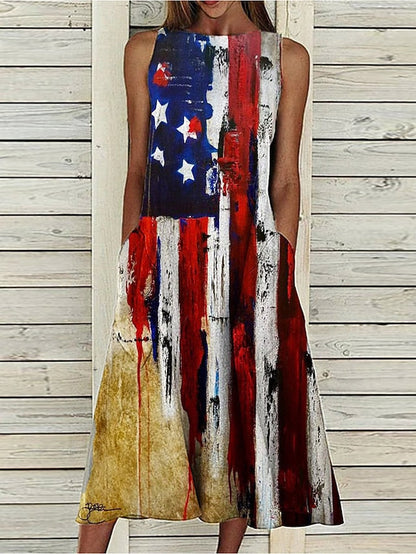 A Line Dress Midi Dress Sleeveless Floral Pocket Cold Shoulder Print Spring Summer Round Neck Casual Vintage Going out  S M L XL XXL Cotton for Women