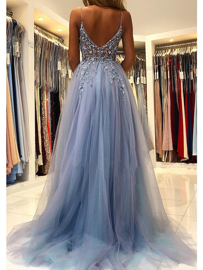 A-Line Prom Dresses Princess Dress Formal Court Train Sleeveless V Neck Tulle with Beading 2023