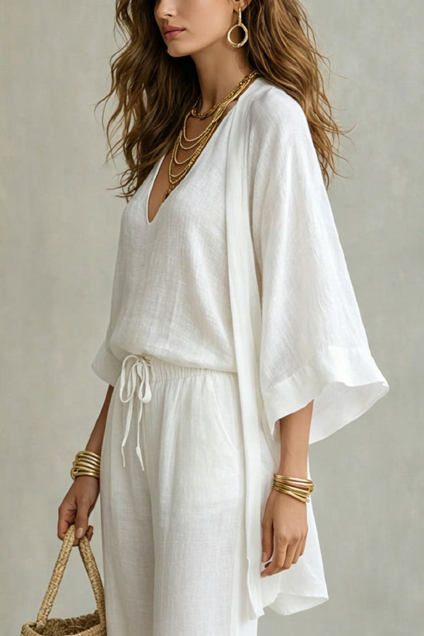 Linen Blend Solid Color Loose Cardigan V-neck Sleeveless Vest and Elastic Waist Pocket Straight Leg Pants Three-piece Set