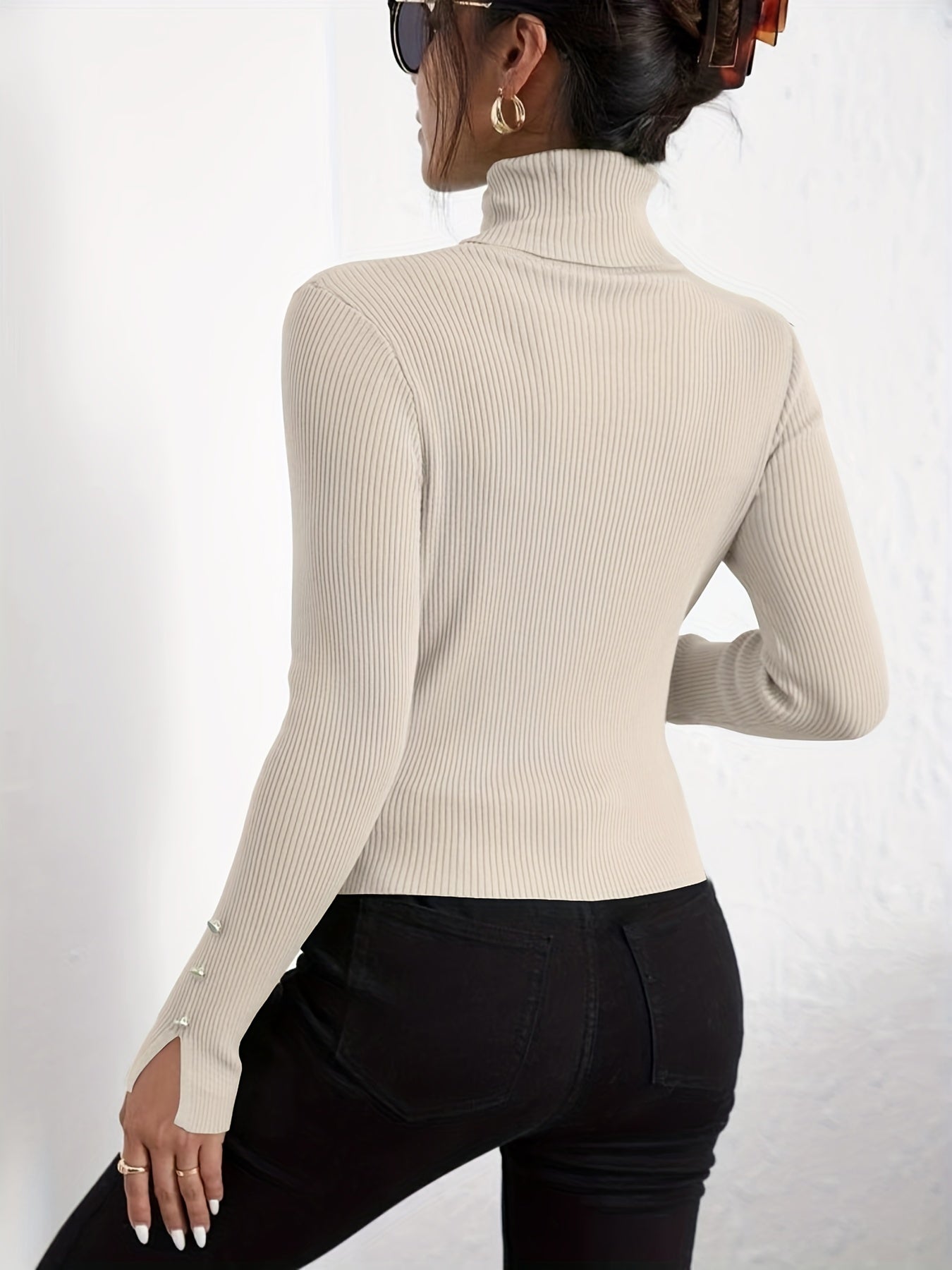 Suéter moderno de cuello alto ajustado en color liso con botones para mujer | Ideal para otoño/invierno