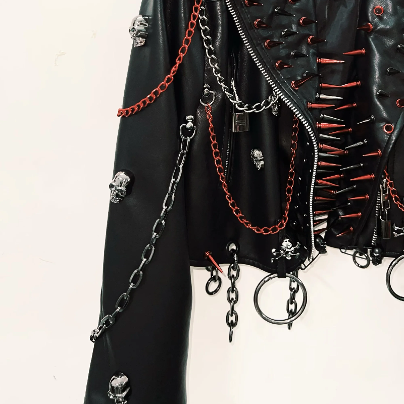 Long sleeve zip-up PU leather metal chain o ring top  | Festival Outfits Women