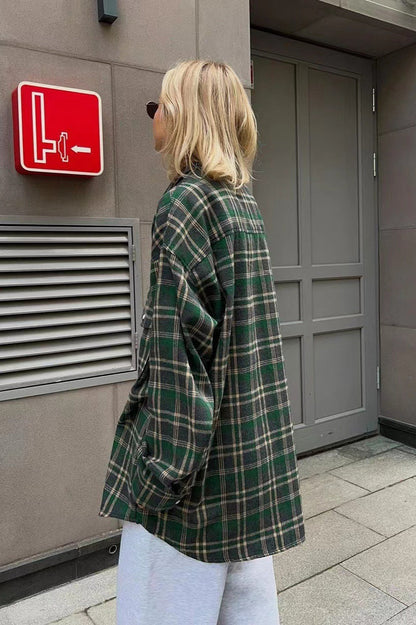 Vintage American Plaid Double-Pocket Mid-Length Blouse