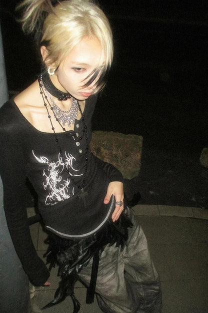 Tattoo Print Irregular Gothic Knit Top