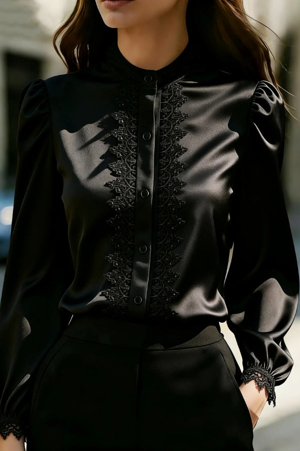 Solid Color Satin Lace Patchwork Casual Long-sleeved Shirt