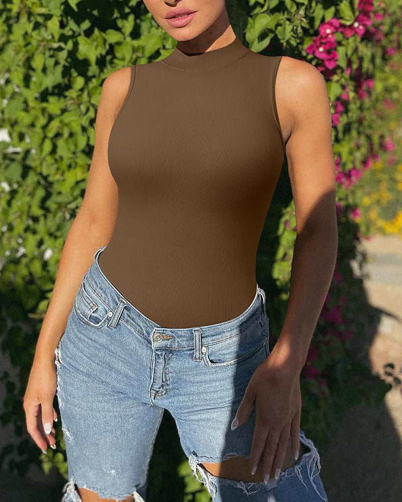 Ribbed Sleeveless Turtleneck Bodycon Thong Bodysuit