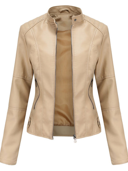 Street Cool Thin Stand Collar Zipper Leather Jacket
