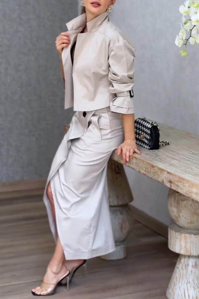 Conjunto de dos piezas de chaqueta con solapa y falda dividida 