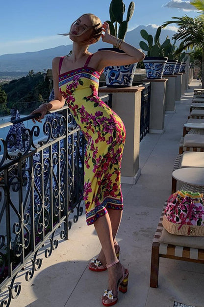 Ethnic Vintage Print Slim Cami Midi Dress