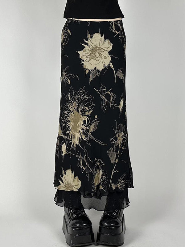 European And American Style Retro Tie-Dye Floral Print Mesh Maxi Skirts