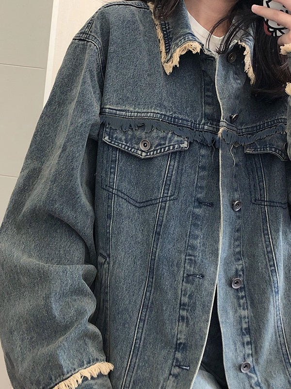 Vintage Denim Raw Edge Embellished Jacket