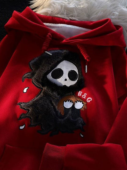 Fuzzy Cartoon Ghost Embroidered Oversized Hoodie