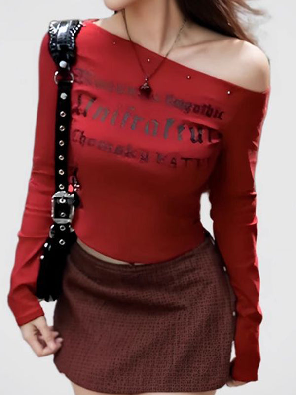 One Shoulder Lettering Long Sleeve Tee