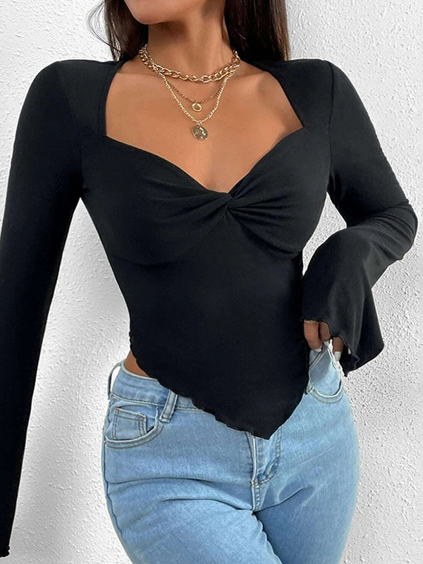 Solid V Neck Ruched Irregular Hem Knit Long Sleeve Tee