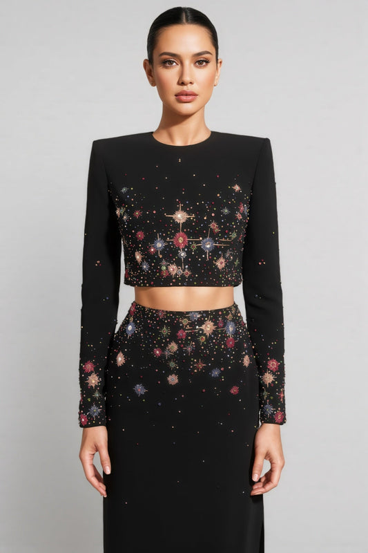 Keirt Black Rhinestone Stud Maxi Dress Set
