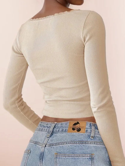 Solid Color Lace Stitching Slim Fit Long Sleeve Knits