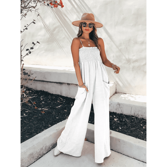 Women's Loose Wide-Leg Sleeveless Jumpsuit with Smoke Upper and Pockets | Ideal for Spring/Summer